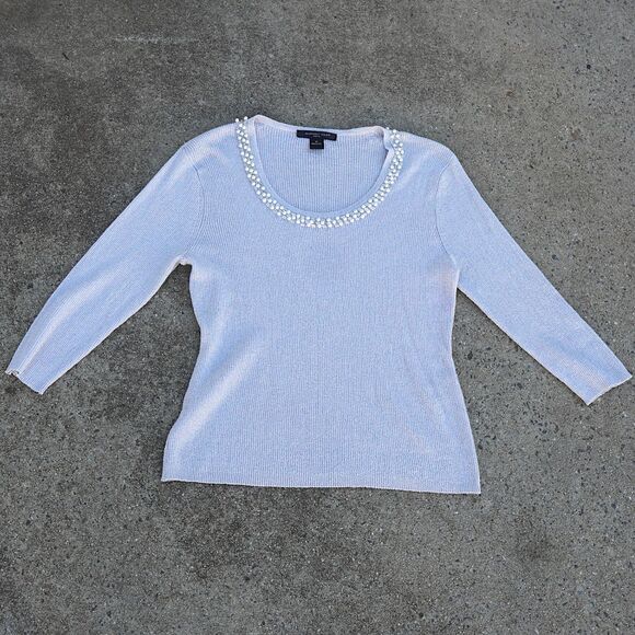 August Silk Pearl Beaded Metallic Ribbed Sweater Holiday Party XL Quiet Luxury - Picture 3 of 8
